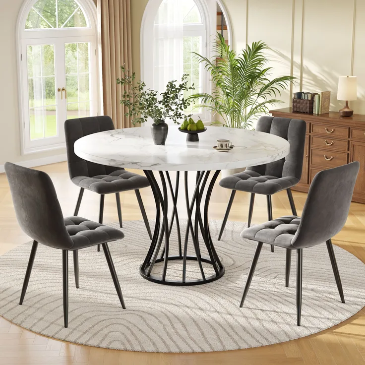 Esstisch-Set 5-teilig, runder Tisch 80x80x76 cm & 4 Samtstühle, Weiß-Marmor/Schwarz/Grau