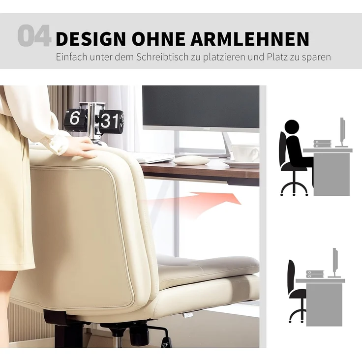 HOMCOM Bürostuhl ohne Armlehnen, mit breit doppelschichtig Polster, Kissen (gepolsterter Schreibtischstuhl, 1 St), Kunstleder Schneidersitz Stuhl für Büro, Beige – Bild 6