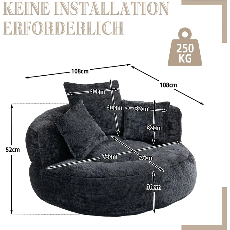 LVHOM XXL Sitzsack Chenille mit 3 Kissen, Lazy Sofa Kuschelig & Atmungsaktiv, Memory Foam Split, 108x108x52cm – Bild 7
