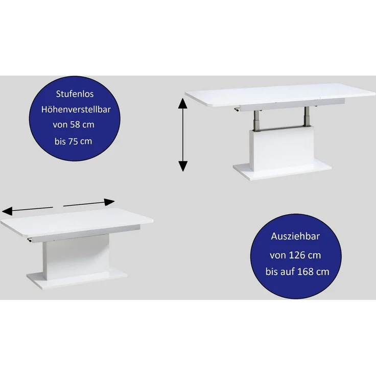 designimpex Couchtisch DC-1 Weiß matt stufenlos höhenverstellbar ausziehbar, Funktionstisch, Wohnzimmertisch, Tisch, Esstisch, Sofatisch – Bild 2