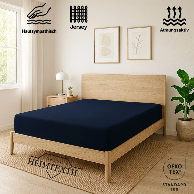 EXKLUSIV HEIMTEXTIL Jersey Spannbettlaken Premium 200 x 200 cm Navyblau 100% Baumwolle Öko - Tex Zertifiziert Bed-Sheet Bettlaken Spannbetttuch Topper Leinentuch – Bild 2