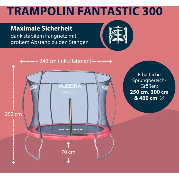 HUDORA 'Fantastic Trampolin 300V', mit Sicherheitsnetz, für die ganze Familie, max. belastbar bis 100 kg, 300 cm Durchmesser, rot, ab 3 Jahren – Bild 19