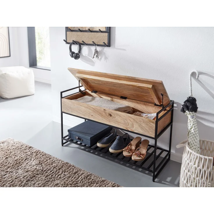 Sitzbank mit Stauraum Mango Massivholz Metall Braun 90x52x38cm Schuhregal Flurbank – Bild 14