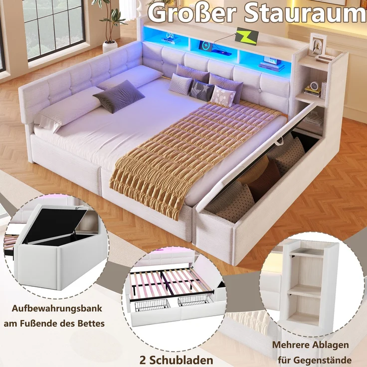 Merax Polsterbett 140 × 190 cm, Doppelbett, Tagesbett, Daybett, Schlafsofa, mit 2 Schubladen, USB- und Typ-C-Anschlüssen, LED-Lichtleiste, Ohne Matratze, Samt, Weiß – Bild 8
