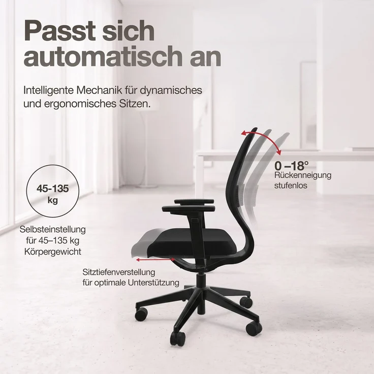 ASSMANN Ergonomischer Bürostuhl Atessa mit Polsterrücken in schwarz Schwarz 63x53x100cm Textil – Bild 4