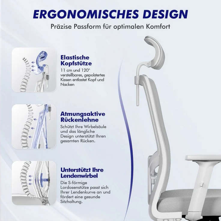 Adormii Bürostuhl bürostuhl ergonomisch,schreibtischstuhl mit verstellbarer Lendenstütze (Ergonomischer bürostuhl mit verstellbaren Armlehnen, büro stuhl bis zu 135° neigbar, ergonomic office chair mit höhenverstellbarer, atmungsaktiv und komfortabel, ... – Bild 2