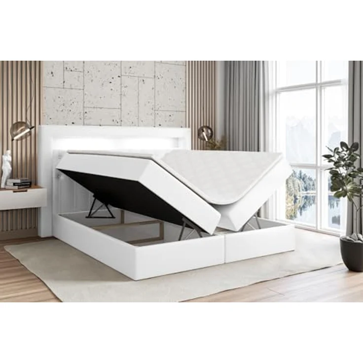 ALTDECOR Boxbett, Weiß Hochglanz, 200x200 cm, mit LED Licht, zwei Bettkästen, 21 cm hoch, Härtegrad H4, inklusive Topper und abnehmbaren Bezug – Bild 4