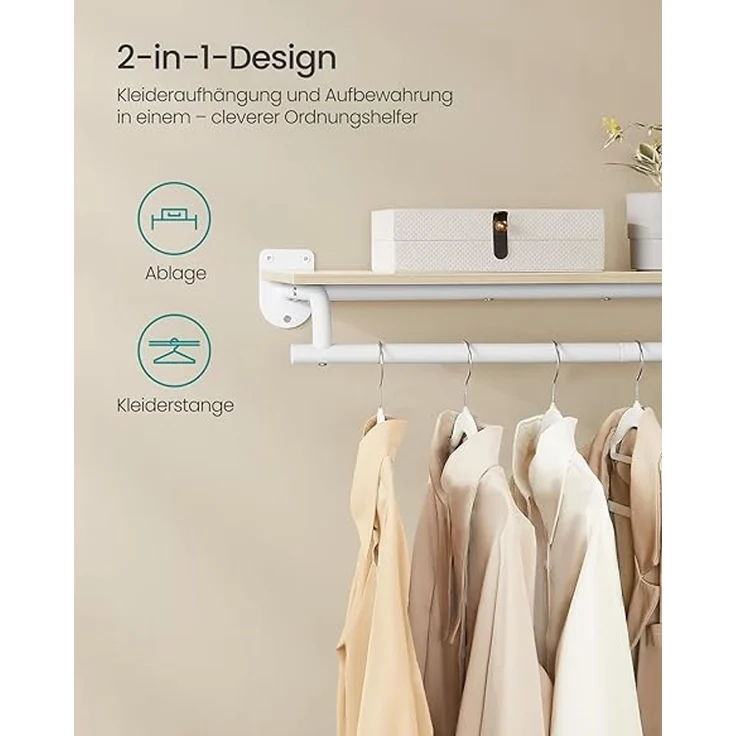 SONGMICS Wandgarderobe, Garderobe, Wandregal mit Kleiderstange, Gesamtbelastbarkeit 60 kg, 28 x 109 x 13,2 cm, für Schlafzimmer, Ankleidezimmer, naturbeige-wolkenweiß HSRDE135W01 – Bild 2
