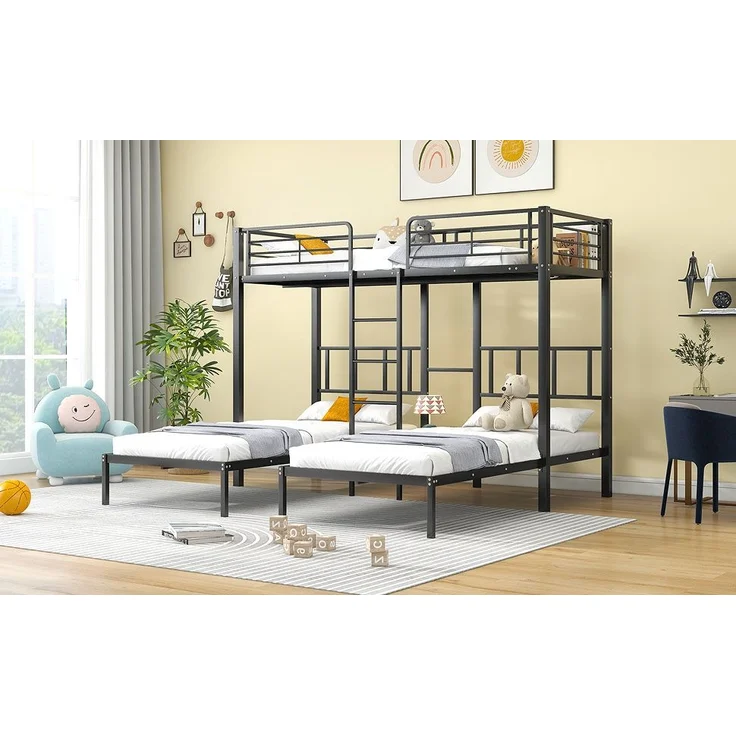 Bett 90x200 cm Dreifach-Etagenbett aus Metall mit Leiter und Fallschutz, ohne Matratze – Bild 3