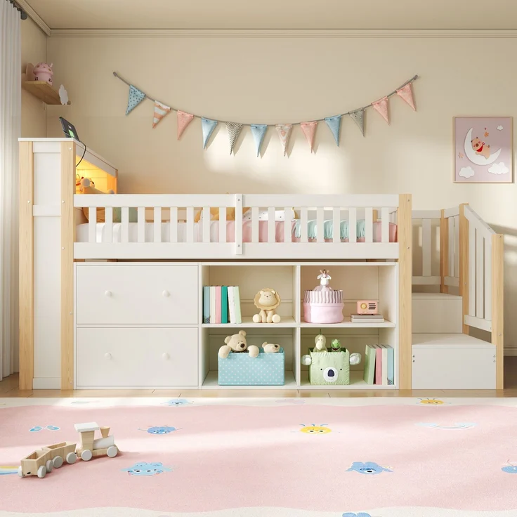 Hochbett, 90 x 200 cm, mit Schubladen, Staufächern, trapezförmigem Schrank, LED-Beleuchtung, Matratze nicht enthalten,Natur – Bild 3