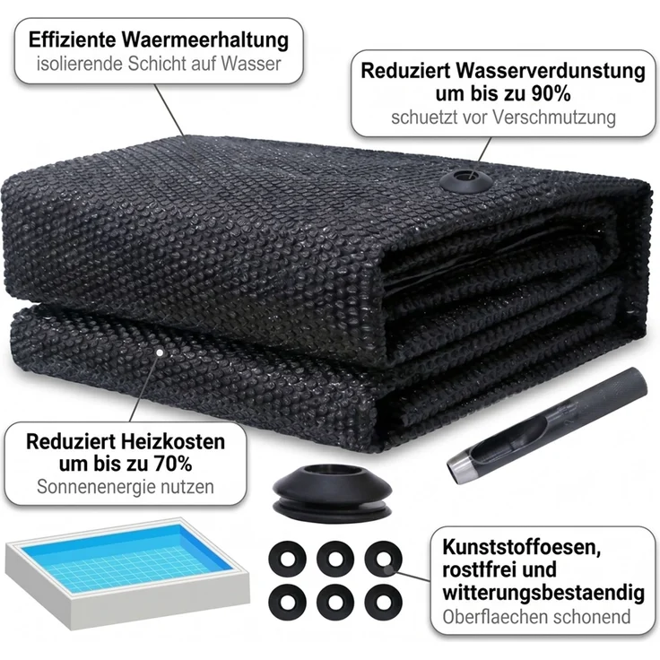 Pool Solarfolie 600x400 Schwarz Solarplane Solarheizung Abdeckplane Poolheizung Wärmeplane Ösen – Bild 5