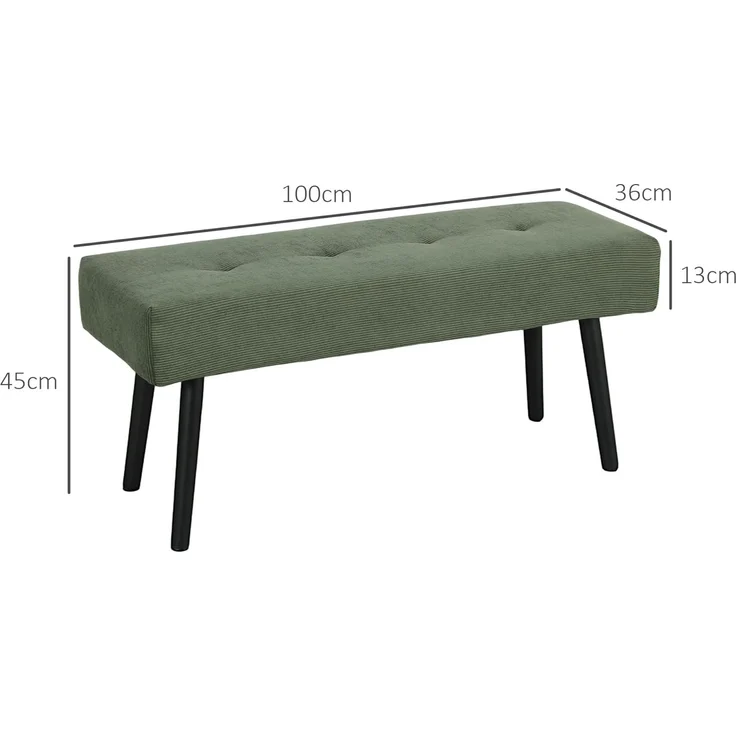 HOMCOM Polsterbank Sitzbank mit Cordbezug, Metallbeinen, Flurmöbel, 220 kg belastbar (Schuhbank, 1-St, getuftete Bettbank), für Schlafzimmer, Wohnzimmer, Flur 100 x 36 x 45 cm Grün – Bild 3