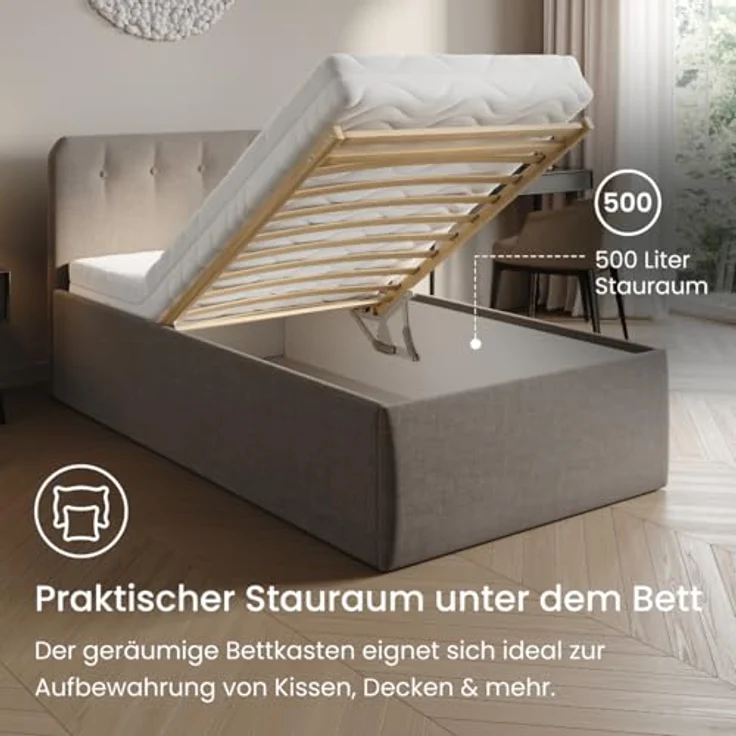 Home Collective Polsterbett Bett mit Stauraum, verstellbarem Lattenrost, viele Größen (Größen: 100x200 120x200 140x200 160x200 180x200 200x200, hochwertiger Strukturstoff, made in Germany), modernes Design mit hochwertigem Strukturstoff 100x200 cm, Dun... – Bild 3