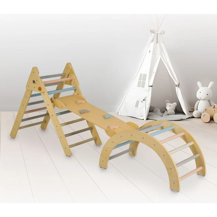 Moni Spielgerät Triangel 3 in 1 Holz Rutsche Kletterrampe Kletterwand Motorik braun – Bild 2
