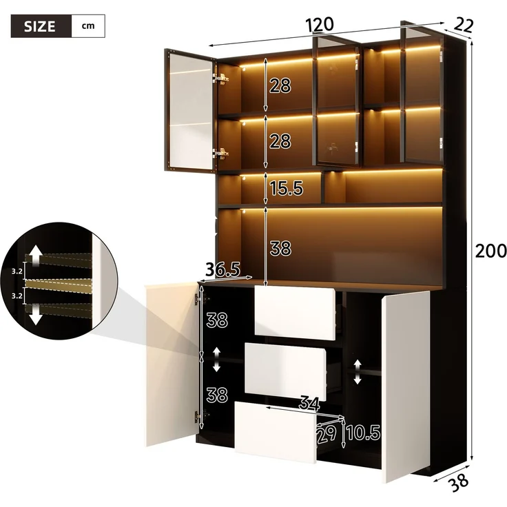Vitrine 120x200 cm in Schwarz-Weiß mit LED-Beleuchtung und grauen Glastüren – Bild 2