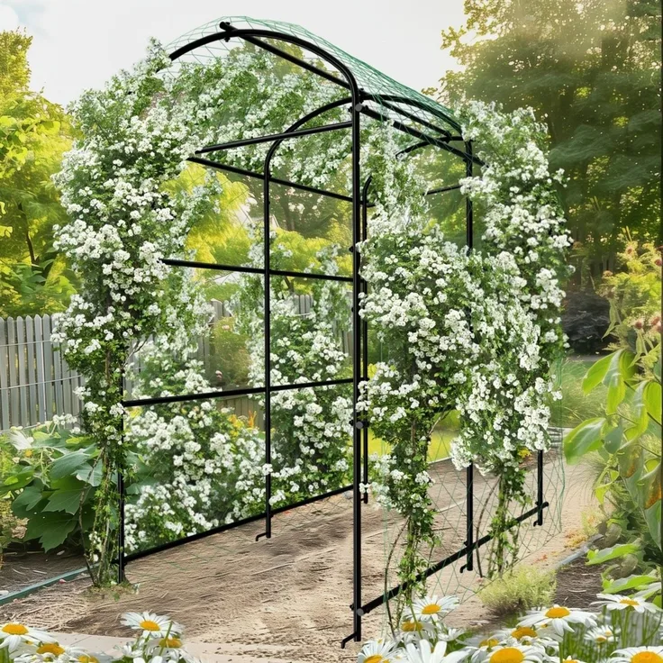 UNHO Gurke Rankhilfe Metall Rankgitter Gitternetz Kletterpflanzen für Blumen Gemüse Rosenbogen Kletterhilfe Rosenspalier Torbogen 120x182x222 cm rostfrei Gebogen Schwarz