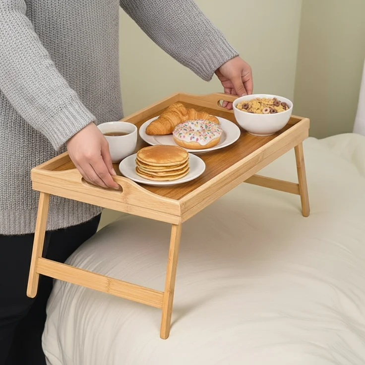 Servierbrett aus Bambus - Frühstücksbrett & Snacktablett mit Klappfüßen – Bild 3