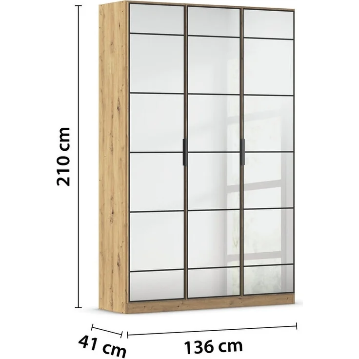 rauch Acero, Garderobenschrank in moderner Loft-Optik, 3-türig, 3 Glastüren, mit 8 Einlegeböden, Farbe Eiche Artisan, BxHxT 136x210x41cm – Bild 4