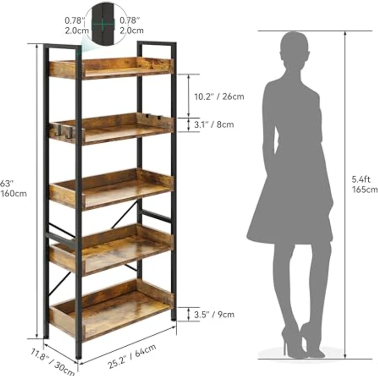 YITAHOME Bücherregal 5 Etagen, Bodenstehendes Bücherregal, Holzregal und stabiles Stahlrahmenregal mit 4 Haken Industrielles Lagerregal für Wohnzimmer, Heimbüro, Vintagebraun – Bild 3