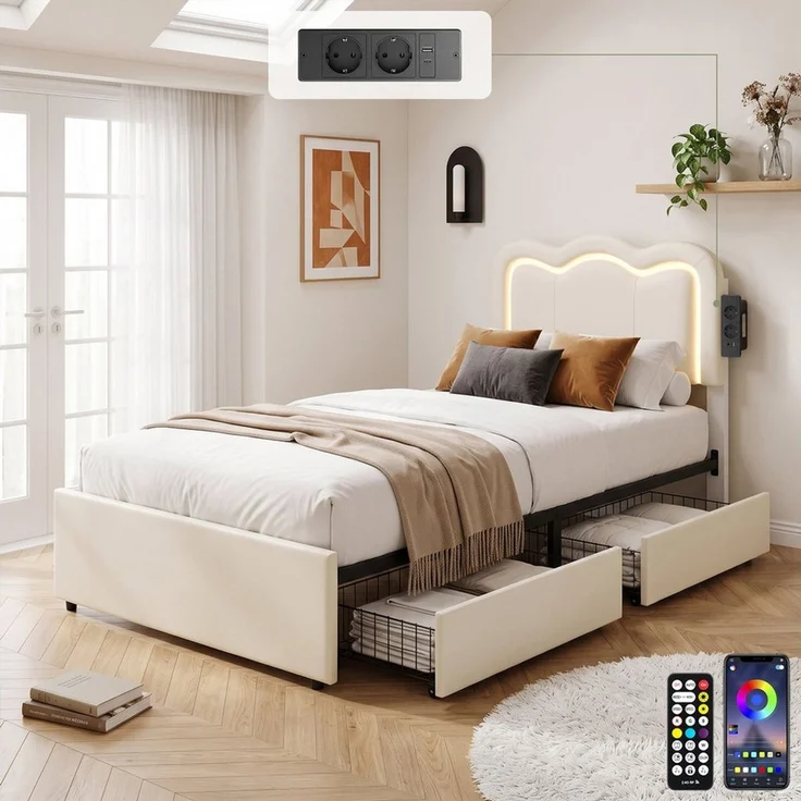 oyajia Polsterbett Kinderbett Stauraumbett, Ladestation & LED-Beleuchtung,PU-Kunstleder (Kopfteil hochstellbar, 4 Schubladen), Modernes Jugendbett, Leises Design Bett, Max. Belastbarkeit 350 kg – Bild 3