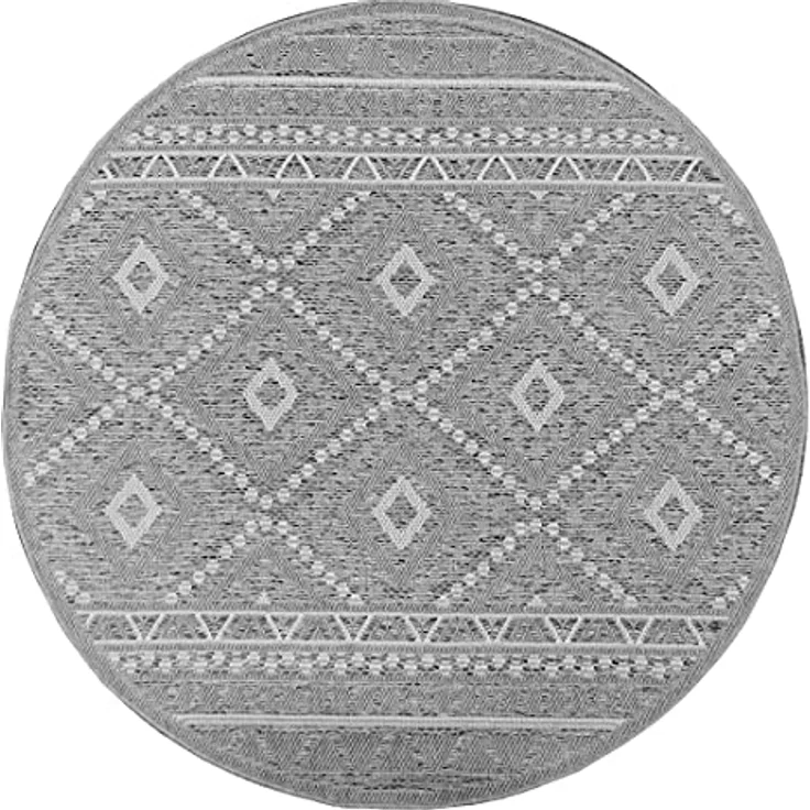 the carpet Calgary - robuster Teppich, Flachgewebe, modernes Design, ideal für Küche und Esszimmer, Vintage-Optik, Boho-Style, besonders flach, auch für den Außenbereich, Grau-Raute, 120 cm Rund – Bild 4