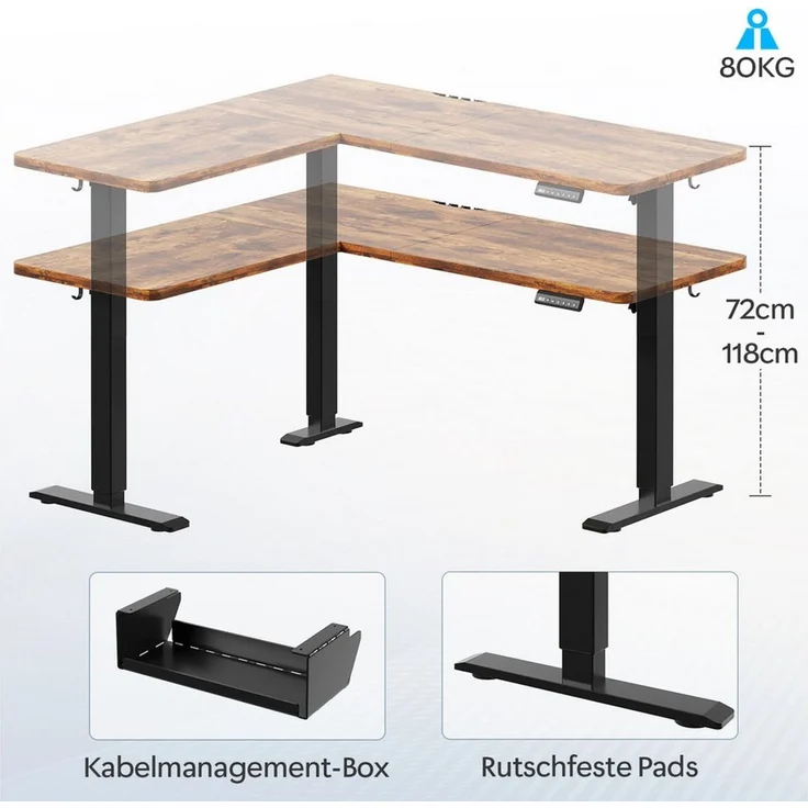 HOMALL Schreibtisch 20 mm starker EckSchreibtisch, L-förm höhenverstellbarer Schreibtisch (Maße: 160 × 140 / 190 × 155, 20 mm dicke Tischplatte, Tragkraft bis zu 100 kg, mit beweglicher Steckdose, in 3 Stufen höhenverstellbar) – Bild 4