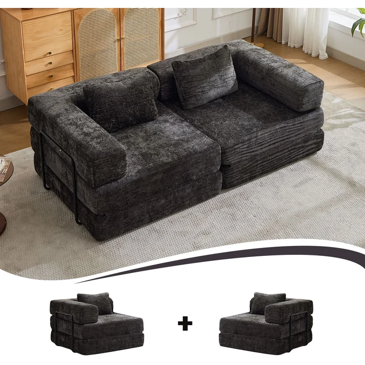 Klappsofa aus Chenille, wandelbar zum Bodenbett, 100x200x63 cm, Schwarz – Bild 3