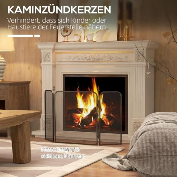 HOMCOM Kamingitter mit 3 Paneelen (Kaminschutzgitter, 1-tlg, Funkenschutzgitter), für Wohnzimmer, Schlafzimmer, Metall, 96x56 cm, Schwarz – Bild 3