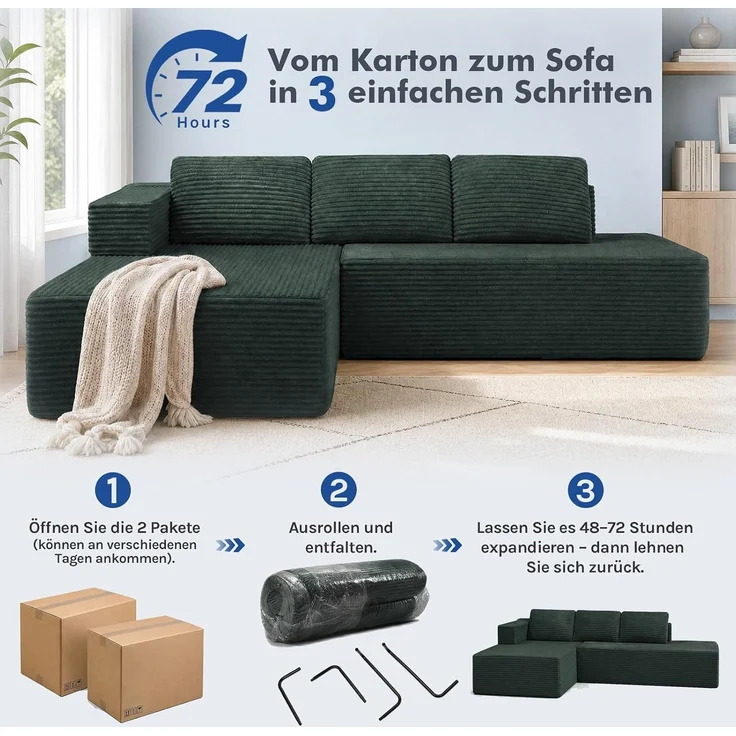 COMHOMA Ecksofa mit Schlaffunktion, 228cm Corduroy Modulares Boneless Couch mit Chaiselongue & Rücken-Metallgestell, L-Form Schlafsofa mit offenem Design, Kissen & Seitentaschen,für Wohnzimmer, Grün-R – Bild 14