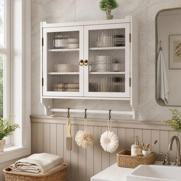 DESVIAE Regal als Wandschrank mit Glastüren und 3 Stauebenen, 63x60x18 cm, Massivholz, MDF und Glas, Weiß – Bild 2