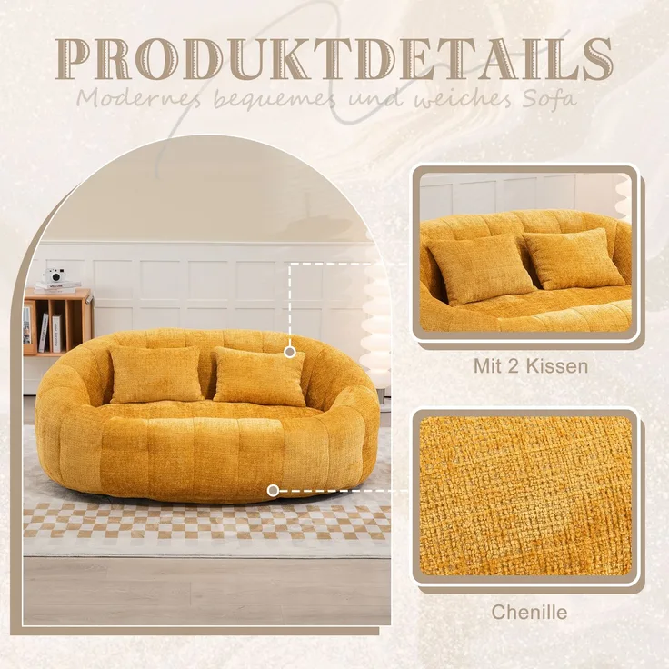 Wohnora-Sitzsack-Sofa, bequemes und strapazierfähiges Sofa mit hoher Rückenlehne für Erwachsene und Kinder, für drinnen und draußen, weicher Lounge-Sessel (gelbes Chenille), H 63 cm x T 145 cm x B 95 cm, Gelb