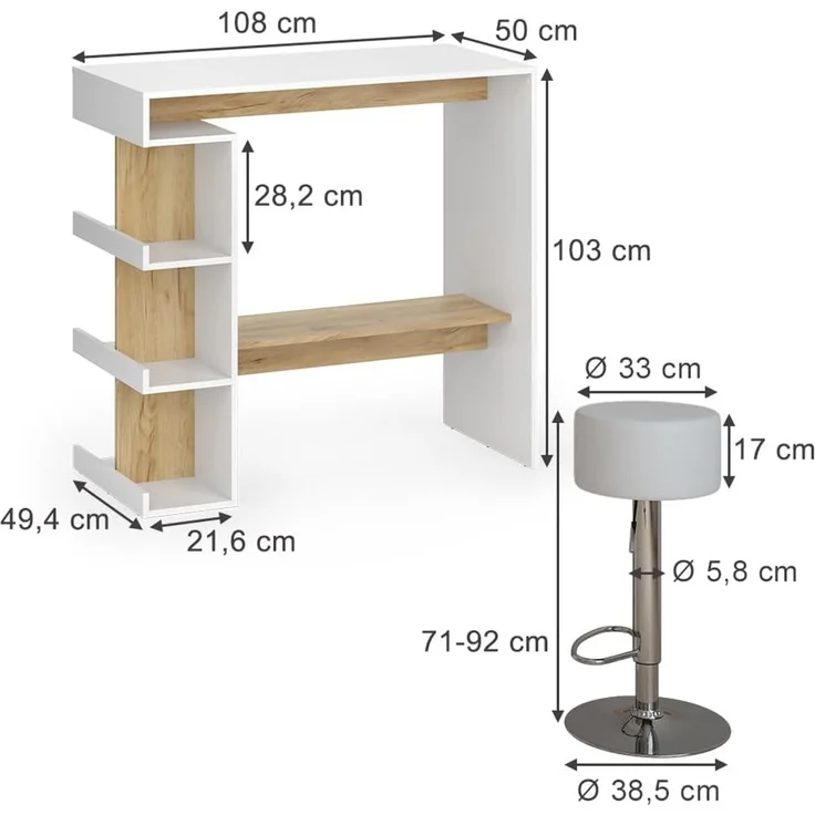 Bartisch-Set Dana Weiß/Goldkraft Eiche 108 x 50 cm mit 2 Barhockern Vicco – Bild 3