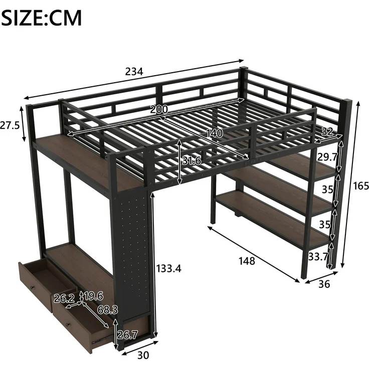 Merax Hochbett, 140x200 cm, Doppelbett, mit offenem Kleiderschrank, mit Ablagefächern, Lochwand und LED-Beleuchtung, schwarz – Bild 4