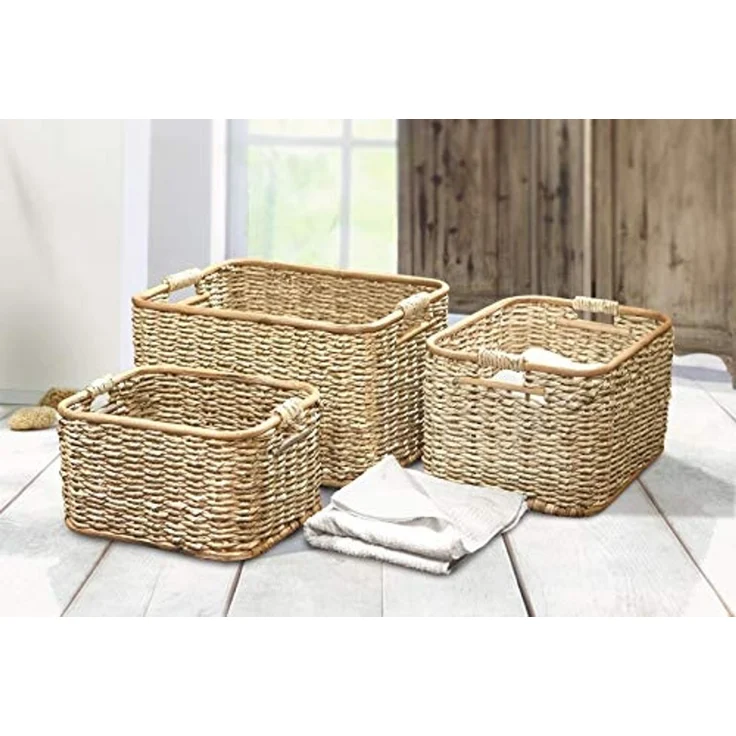 Dekoleidenschaft Aufbewahrungskorb aus Rattan und Schilfstroh in 3 Größen, Regalkorb, Wäschekorb, Korb (1 St), Regalkorb, Wäschekorb, Korb, Flechtkorb, Schrankkorb, Dekokorb, Kiste – Bild 5