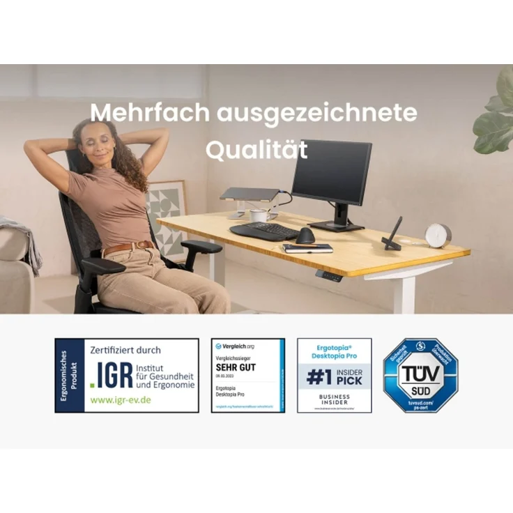 Desktopia Pro X - Elektrisch höhenverstellbarer Schreibtisch / Ergonomischer Tisch mit Memory-Funktion, Bambus Echtholz, Gestell Weiß, 180x80 cm – Bild 3