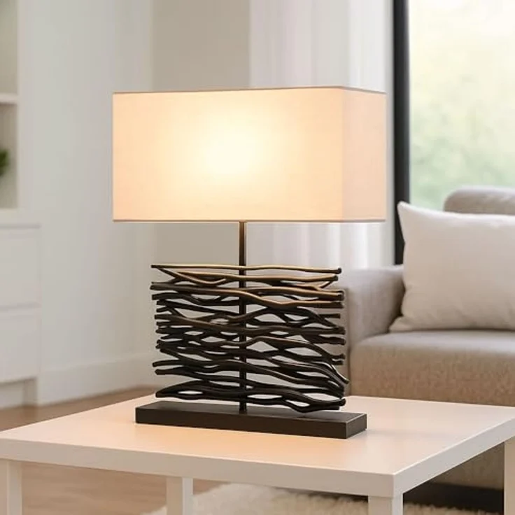 LED Tischleuchte, Holz, Stoffschirm, grau, schwarz, H 50 cm – Bild 4