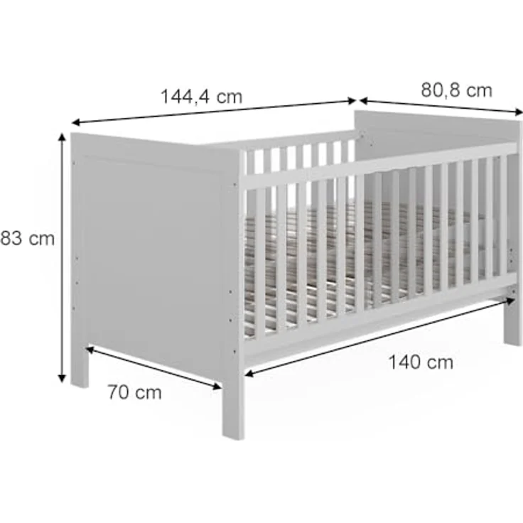 VitaliSpa Ajaton, Babybett mit Rausfallschutz und robustem Design, Weiß, 144,4 x 83 x 80,8 cm – Bild 3