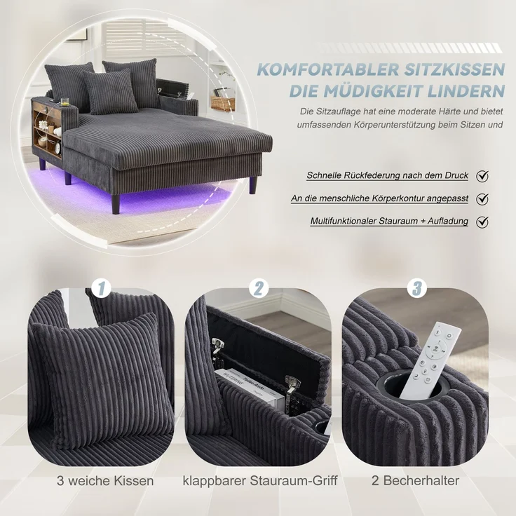 LVHOM Schlafsofa mit LED & USB, Chaiselongue mit Becherhalter & Stauraum, großes Einzelsofa bis 300kg belastbar, inkl. 3 Kissen, 129x170cm, Grau – Bild 3