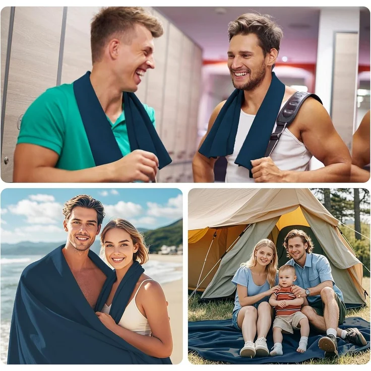 Forrlite Sporthandtuch Mikrofaser Handtuch 3er Set, schnelltrocknend, für Sport & Reise, (40 × 40 cm, 40 × 80 cm & 76 × 152 cm, Microfaser Sporthandtuch, Badetuch, Fitness Handtücher & Strandtuch, Dunkelblau) – Bild 3