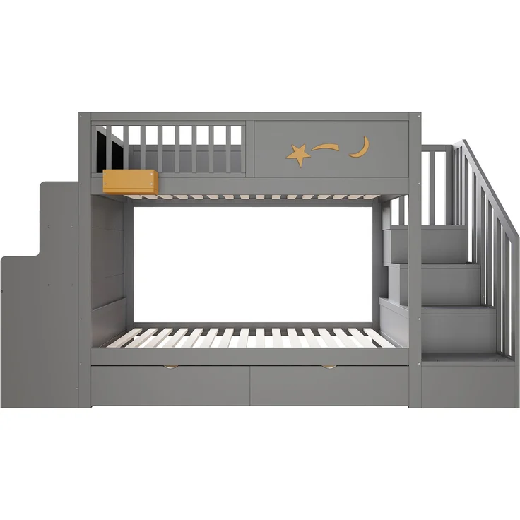 Etagenbett für Kinder mit Aufbewahrungsschubladen, Sicherheitstreppe, Schreibtisch und Sternenmotiv – 90 x 200 cm Massivholzrahmen aus Kiefernholz, Grau – Bild 9