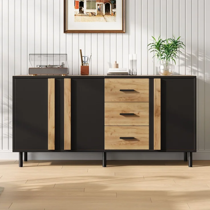 Merax Sideboard 140 x 35 x 70 cm aus MDF, Kommode mit 3 Türen und 3 Schubladen, Beistellschrank, Schrank mit 6 stabilen Metallbeinen, Schwarz + Naturholzfarbe – Bild 1