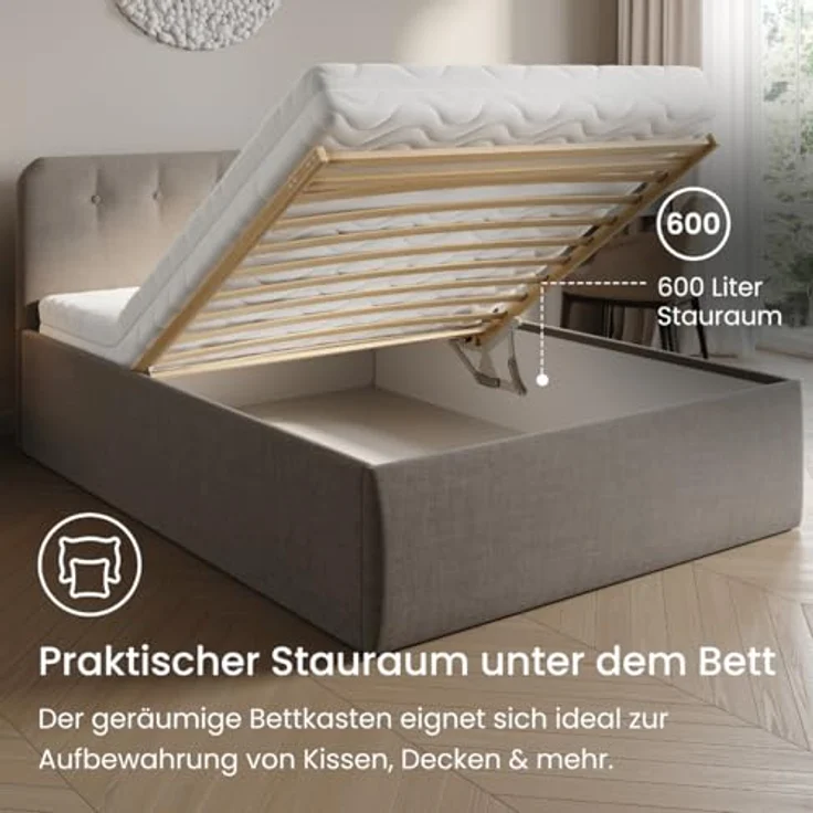 Home Collective Polsterbett Bett mit Stauraum, verstellbarem Lattenrost, viele Größen (Größen: 100x200 120x200 140x200 160x200 180x200 200x200, hochwertiger Strukturstoff, made in Germany), wählbare Matratze Federkern oder Kaltschaum, Dunkelbeige – Bild 5