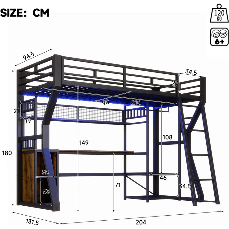 Hochbett, 90x200 cm, Eisenrahmen, mit Lichtleiste, Steckdose, Kleideraufhängebereich, Schreibtisch, Staufächer, Ablageböden, offener Raum unter dem Bett, ohne Matratze, Schwarz – Bild 5