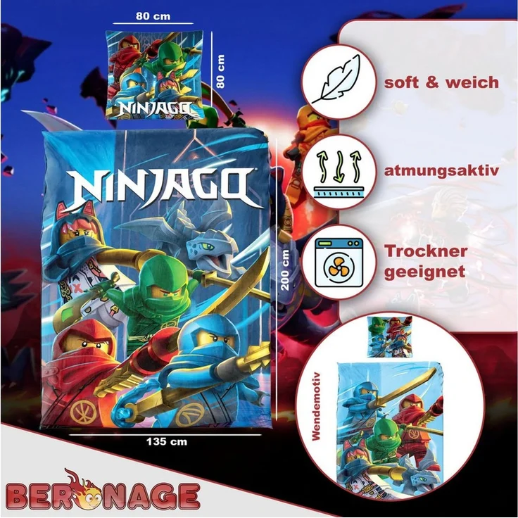 BERONAGE Kinderbettwäsche LEGO Ninjago Save Haven Bettwäsche Linon/Renforcé, Baumwolle, 2 teilig, 135x200 + 80x80 cm – Bild 1
