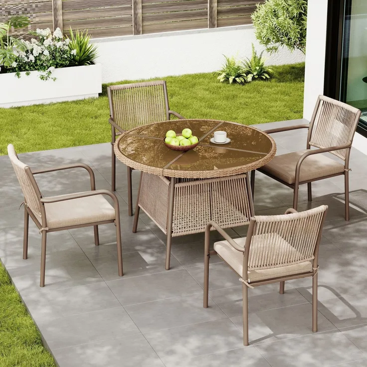 Gartenlounge-Set mit rundem Glastisch und 4 Stühlen, 5-teilig, Loungeset, Essgruppe für Garten