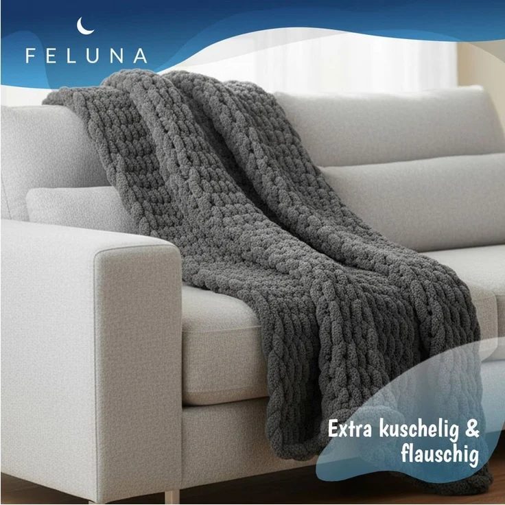 Wohndecke Grobmaschige Wohlfühldecke, Feluna, Flauschige Kuscheldecke Grobstrick Tagesdecke – Bild 1