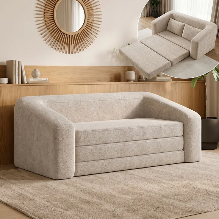 skølm 'Fjäll' Schlafsofa 2 Sitzer mit 2 Kissen, beige, Teddy-Bouclé Sofa ausklappbar, mit Liegefunktion, vakuumverpackt ohne Aufbau – Bild 1