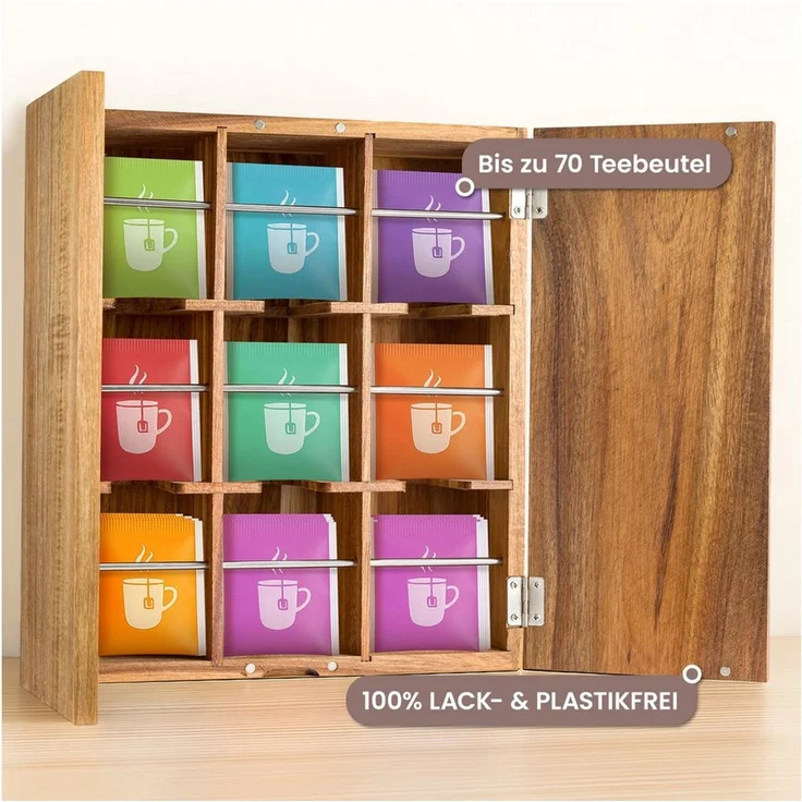 Youyijia Aufbewahrungsbox Organizer-Box aus Holz mit Deckel, 9 Fächer für Tee und Kaffee – Bild 3