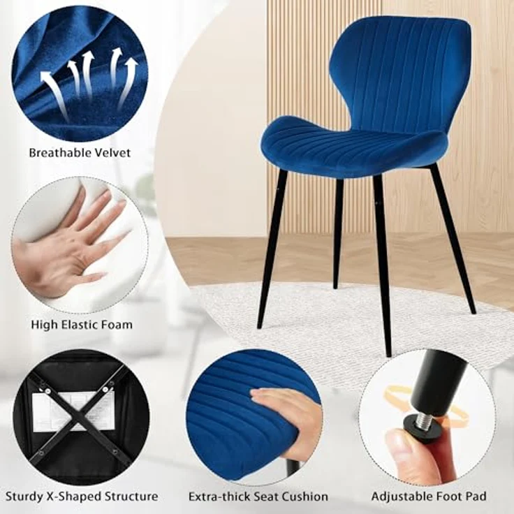 CangLong Mid-Century-Moderne Esstühle im 2er-Set, Polsterküchenstühle für Esszimmer, Samt-Bequemstuhl mit Metallbeinen, für Küche, Essbereich, Wohnzimmer, Blau – Bild 6