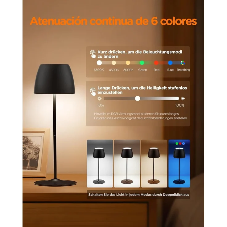 Tomons LED Außen-Tischleuchte dimmbare kabellose Touch-Tischlampe, wiederaufladbar, 3000-6500K, 4 RGB-Modi, IP54 – Bild 3